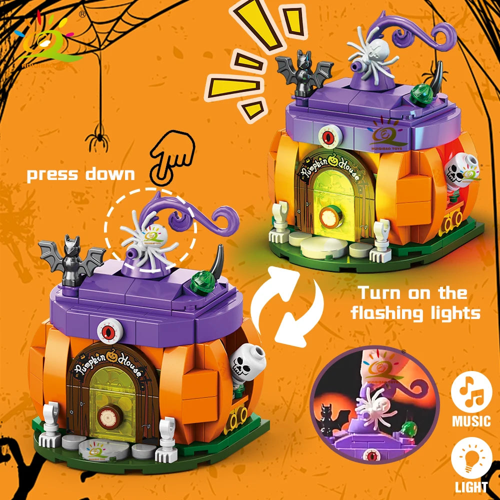 HUIQIBAO Halloween Wizard Cat Dog Ghosts Pumpkin Houses Model Building Block DIY Haunted House Bat Bricks Toys for Adult Gift
