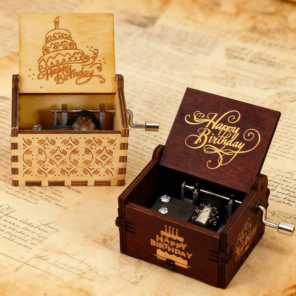 Wooden Happy Birthday Laser Carved Retro Hand Cranked Music Box The Best Unique Christmas Gift For Valentine's Day And