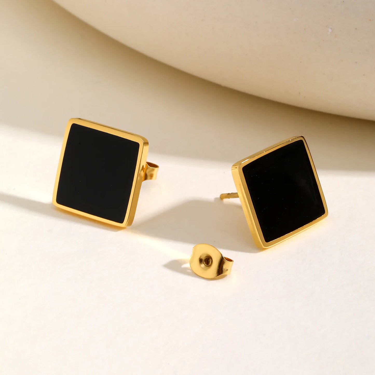 Stainless Steel Square Stud Earrings for Women,Water Proof Black Oil Earrings Gold Color,Fashion Jewelry Lady Gift