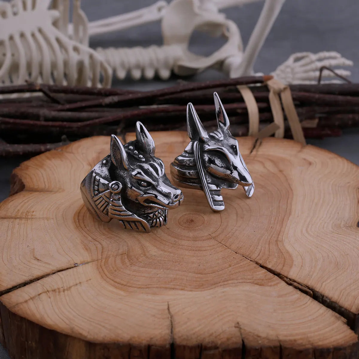 Stainless Steel Vintage Egyptian God Anubis Ring For Men Egyptian Mythology Hip Hop Fashion Biker Ring Animal Jewelry Wooden Box