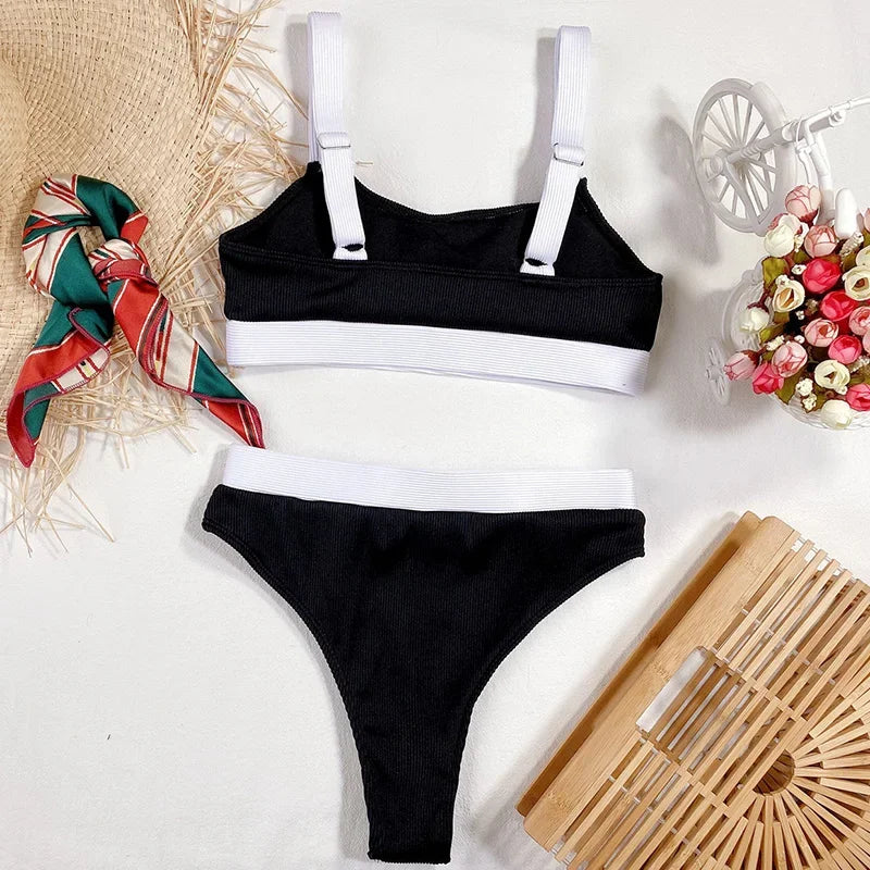 Sexy Splicing Ribbed Bikinis High Waist Bikini 2025 Female Swimsuit Women Swimwear Two-pieces Bikini Set Bathing Suit Swim Lady