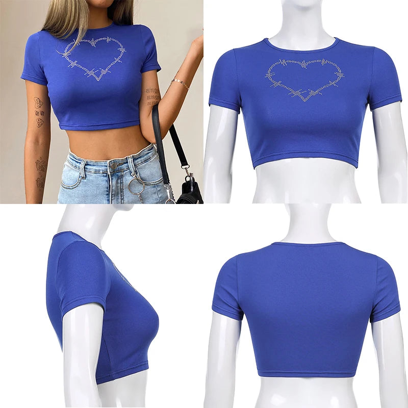 Women T-Shirt Y2k Style Crop Tops Tees Rhinestones Slim Graphic Summer Fashion Harajuku Streetwear Short Sleeve Women Clothes