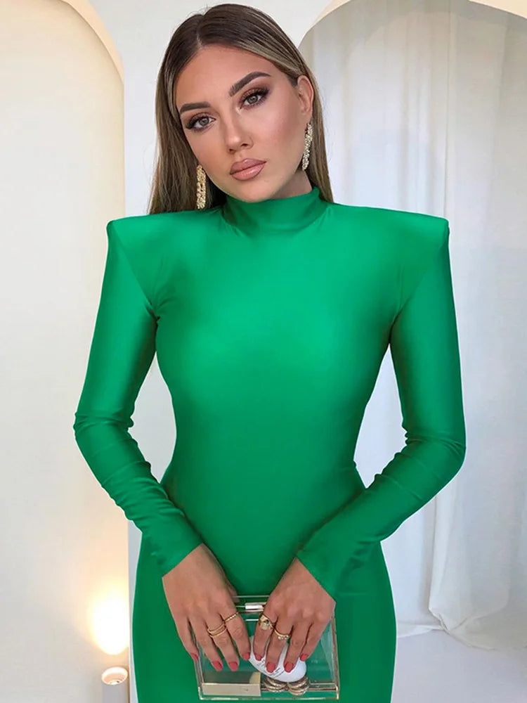 Shoulder Padded Long Sleeve Bodycon Green Party Club Maxi Long Dress 2023 Spring Autumn Women Fashion Elegant Clothes