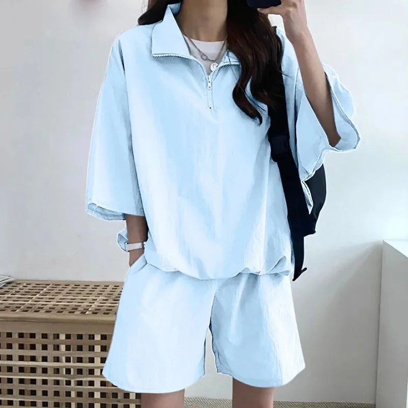 Korean Style Women's Summer Casual Sports Sun Protection Suit Two-Piece Set Workwear Jacket Shorts Polyester Fiber