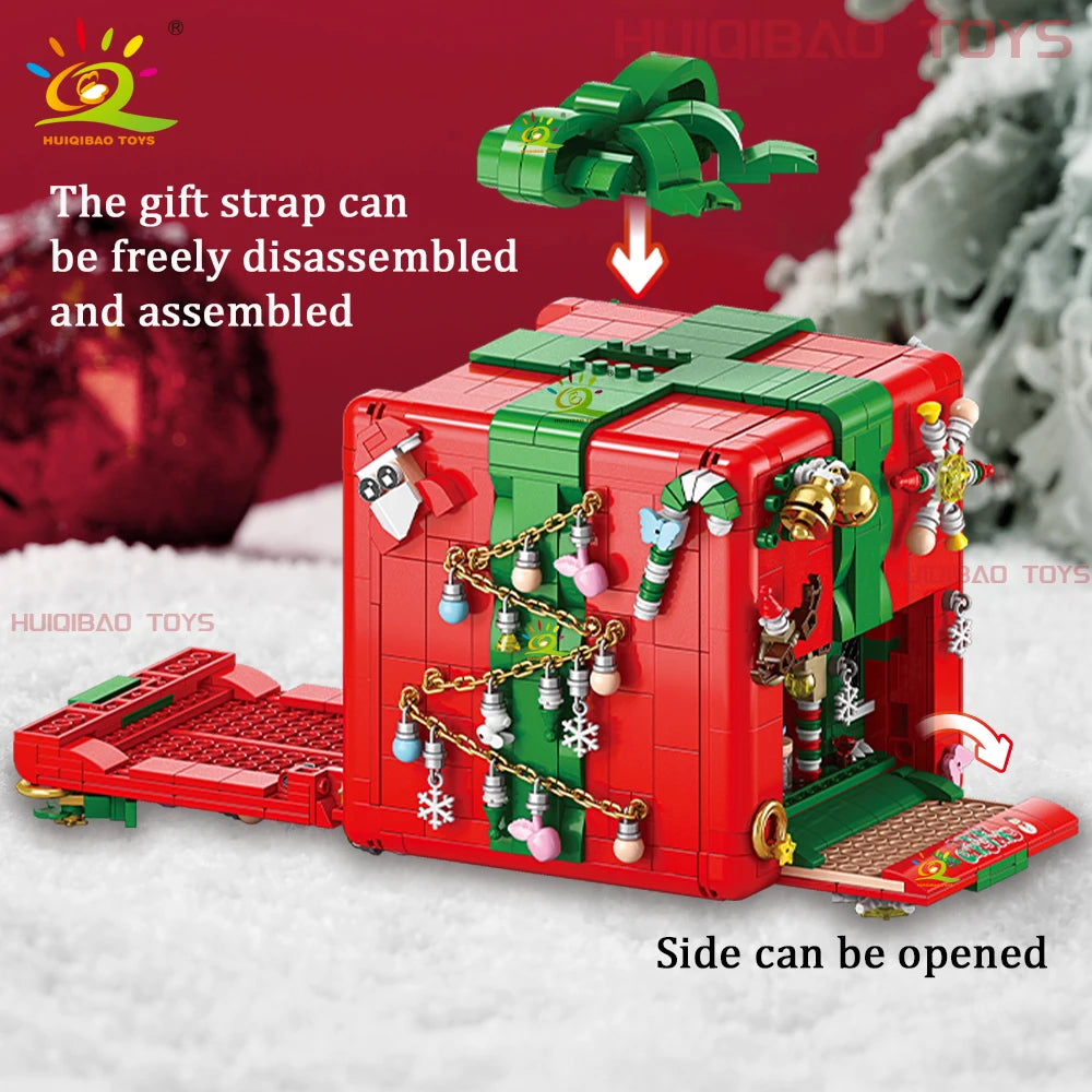 HUIQIBAO Christmas Gift Surprise Mechanism Box Model Building Block DIY Elk Snowman Bricks Ornament Toys for Children Adult