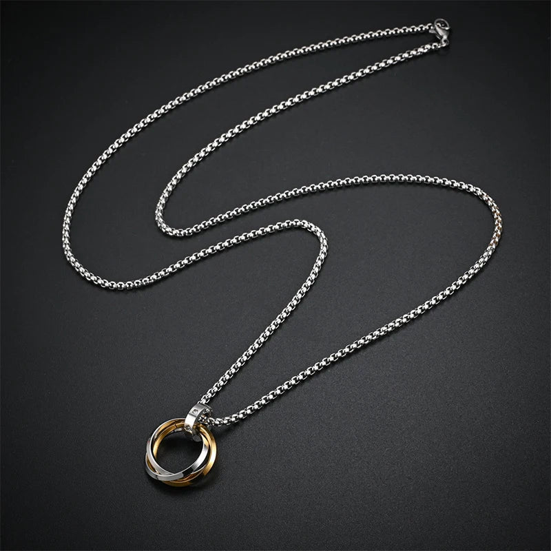 Fashion Men Necklace 3 Round Ring Stainless Steel Pendant Necklaces For Women Silver Color Chain Hiphop Rock Jewelry Accessories