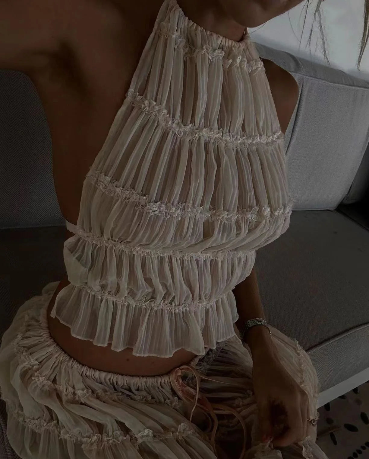 Solid Hang Neck Long Skirt Suit For Women Halter Backless Sling Top Lace Up Fold Maxi Skirt 2024 Hot Fashion Female 2 Piece Set