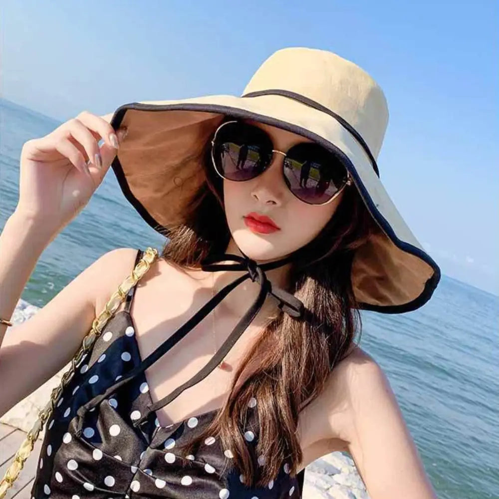 Solid Color Wide Brim Sun Hat Korean Style Anti-UV Sun Protection Hat Fisherman Hat with Neck Rope Women Bucket Hat Ladies