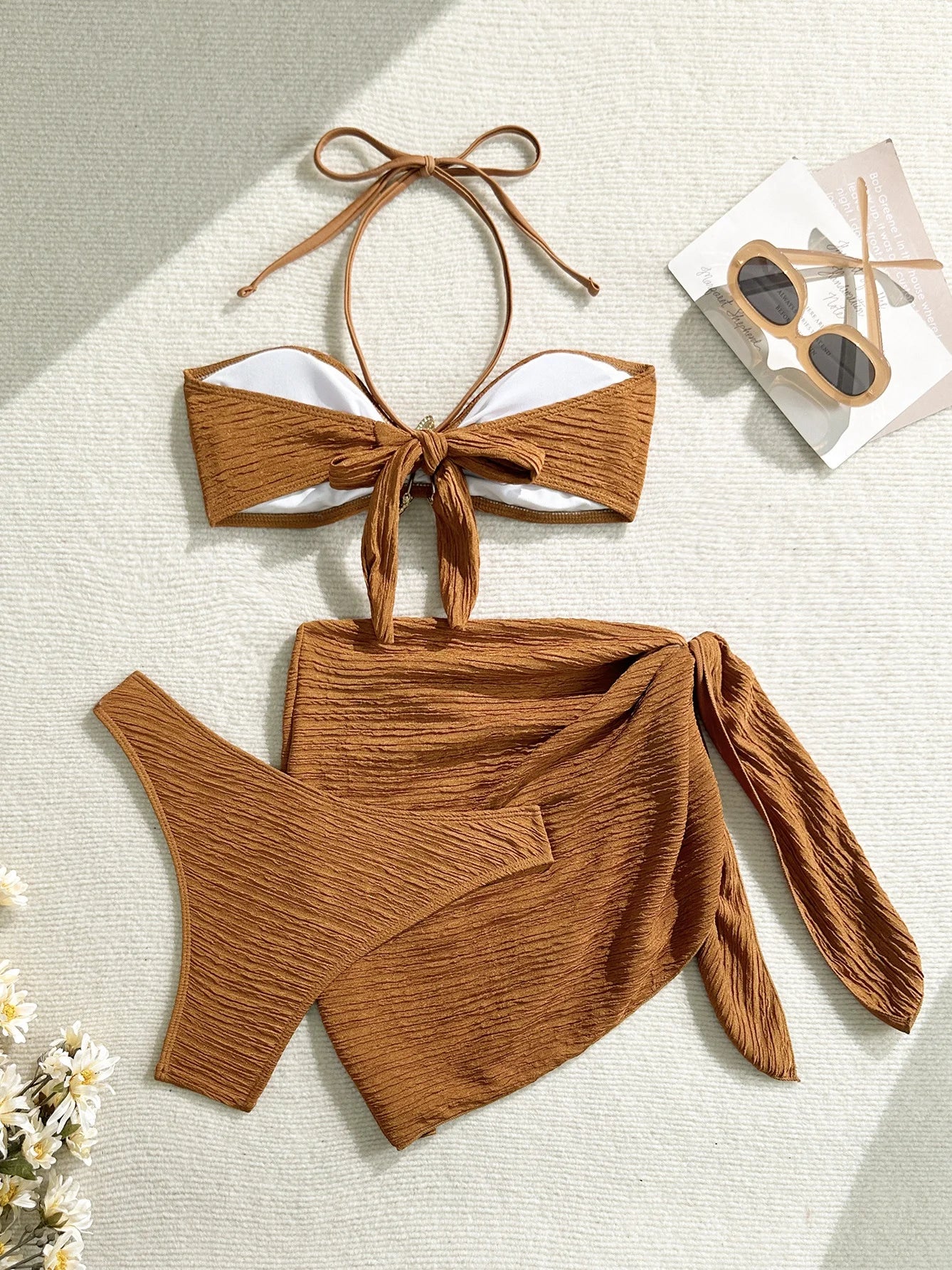 Sexy Metal Starfish Bikinis Set Women Brown Bandeau Push Up Mesh Skirt 3 Piece Swimsuit 2025 Beach Bathing Suit Holiday Swimwear