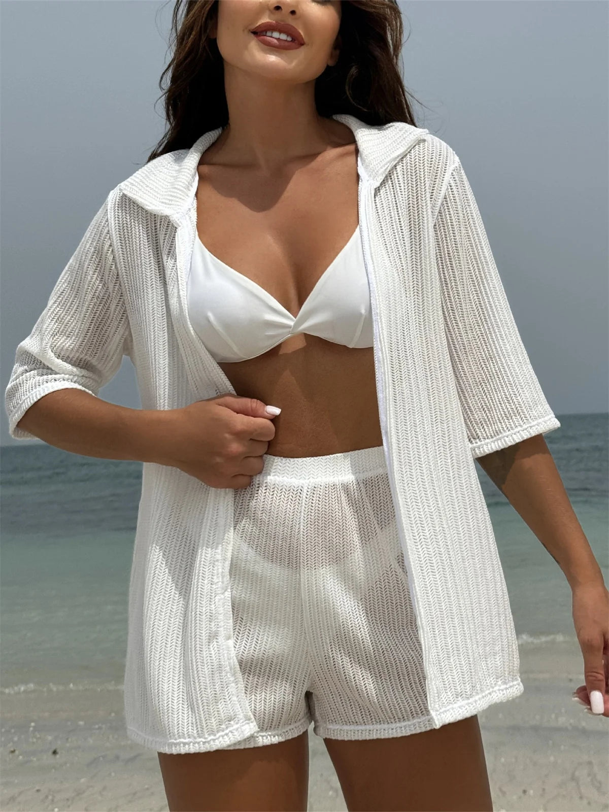 Summer 4 Piece Bikinis Sets Women Black White Mesh Half Sleeve Cover Up with High Waist Panties Swimsuit Bathing Suit Swimwear