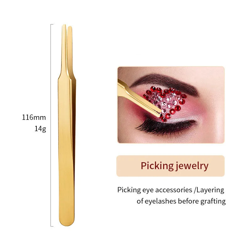 1PC Eyelash Tweezer For False Eyelash Extension Lash Fan Eyebrows Nail Art Clip Cilia Gold Stainless Steel Tweezers Makeup Tools