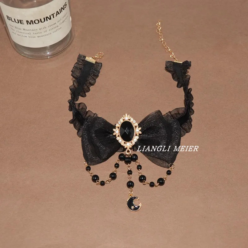 Retro Black Lace Choker Handmade Women's Necklace Black Beaded  Pendant for Cool Lady Trendy Dark Girly Fashion Accessories