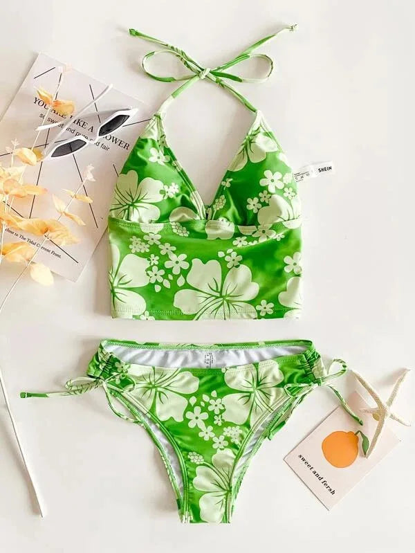 Sexy Yellow Floral Print Bikinis Set Women Halter Push Up Crop Top Swimsuit 2025 Beach Bathing Suit Lace Up High Waist Swimwear