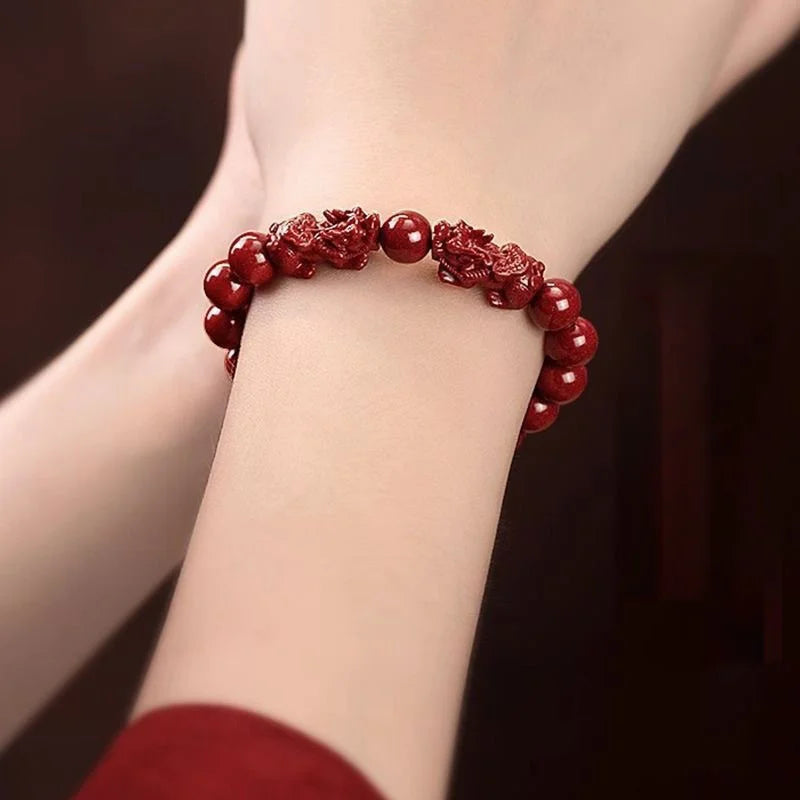 Lucky  Natural Stone Cinnabar Real Bead Pixiu Bracelets Women Men Wealth Protection Hand String Vintage Bangles Gift
