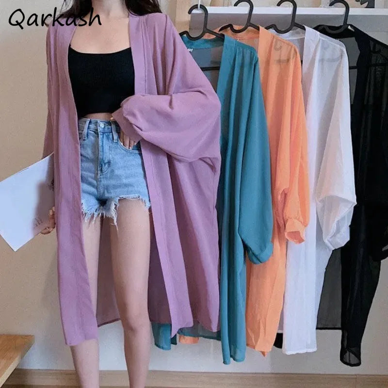 Solid Cardigans for Women Thin Summer Clothing Female Sunscreen Simple Long Sleeve Korean Style Loose Comfortable Breathable