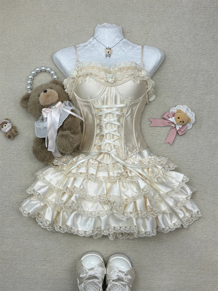 French Elegant Sexy 2 Piece Sets Womens Outifits Y2k Strapless Lace Design Tops+ High Waist Chic Skirt Female Korean Fashion New