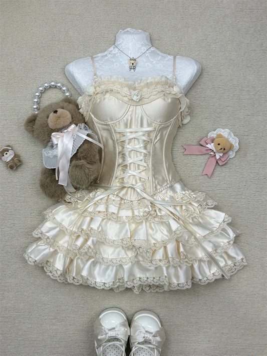 French Elegant Sexy 2 Piece Sets Womens Outifits Y2k Strapless Lace Design Tops+ High Waist Chic Skirt Female Korean Fashion New