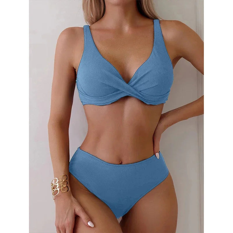 DFCF Women Split Swimsuit High Waist Beach Bikini 2025 New Summer Swimwear Bikinis Set Sexy Backless V Neck Bikini 2 Piece Set