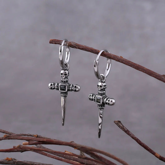 Vintage Cross Zircon Inlay Skull Earrings Men Hip Hop Stainless Steel Accessories Fashion Punk Jewelry Gift