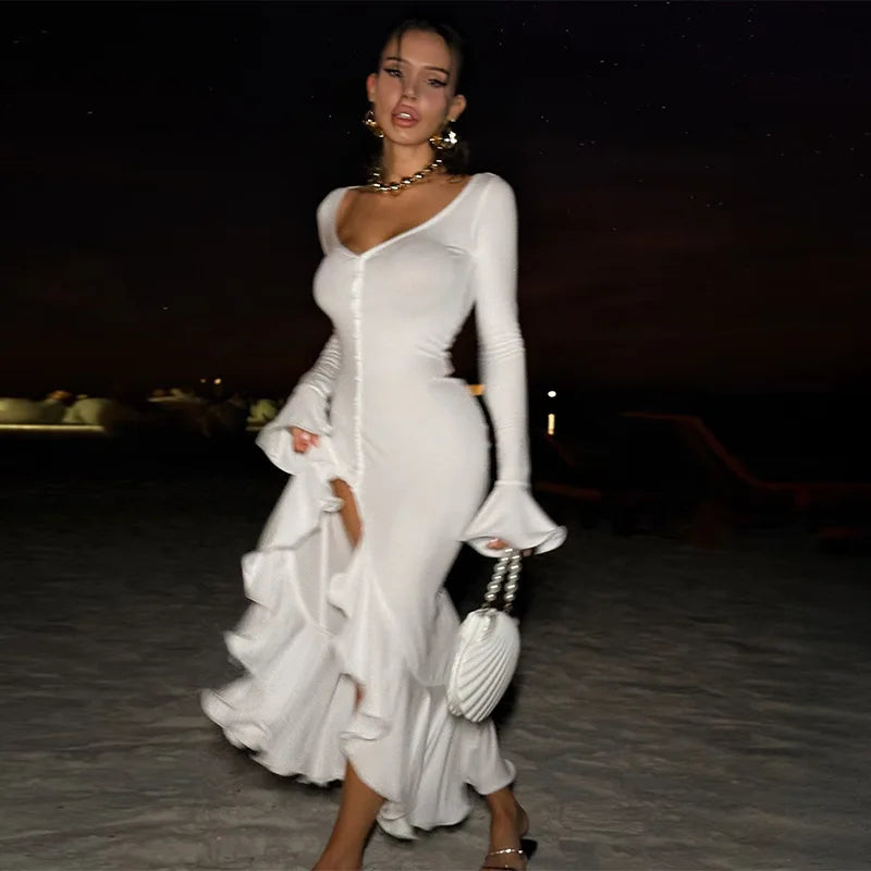Flounce Solid Color Slim Dress Woman Single Breasted Deep V-Neck Flared Sleeve Irregular Hem Dresses Elegant Women's Slit Dress