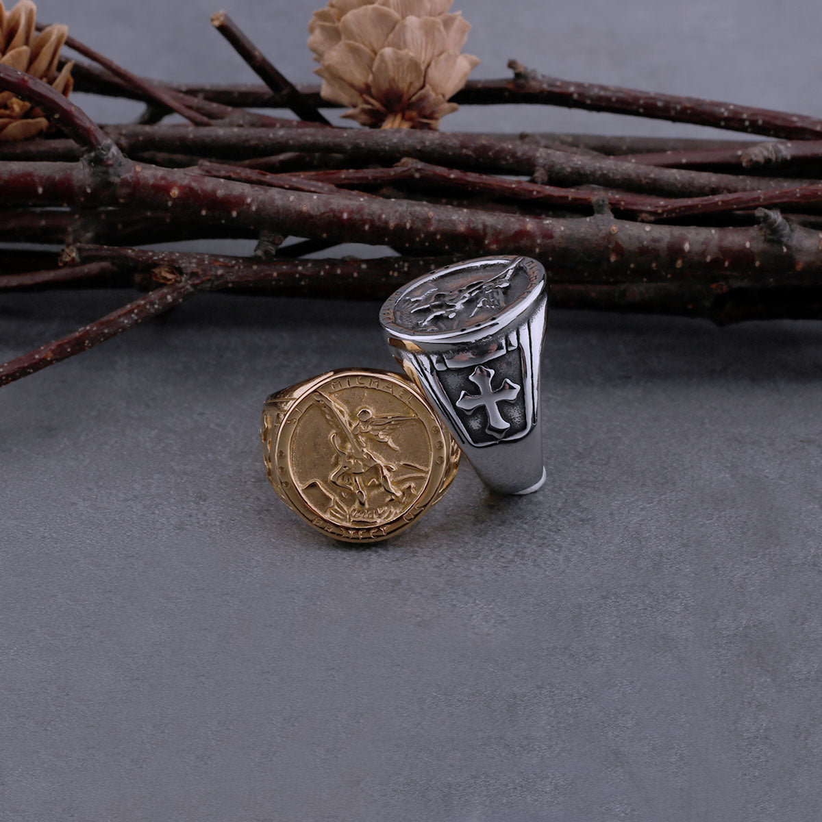 Never Fade Archangel Saint Michael Exorcism Ring Men's Punk Hip Hop Amulet Ring Stainless Steel Jewelry Party Gift Wooden Box