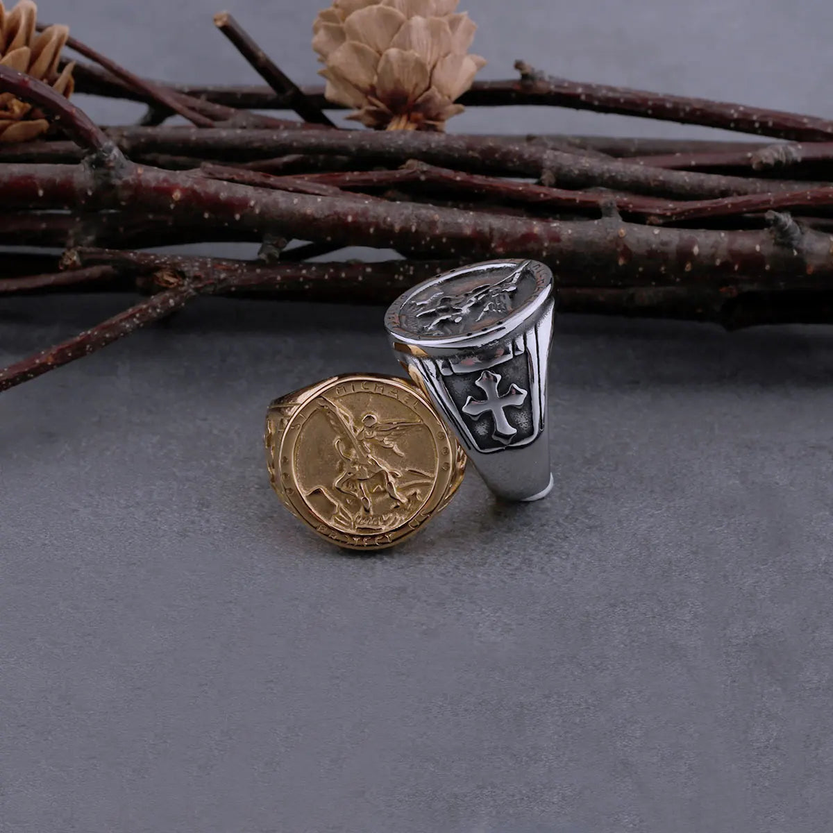 Never Fade Archangel Saint Michael Exorcism Ring Men's Punk Hip Hop Amulet Ring Stainless Steel Jewelry Party Gift Wooden Box