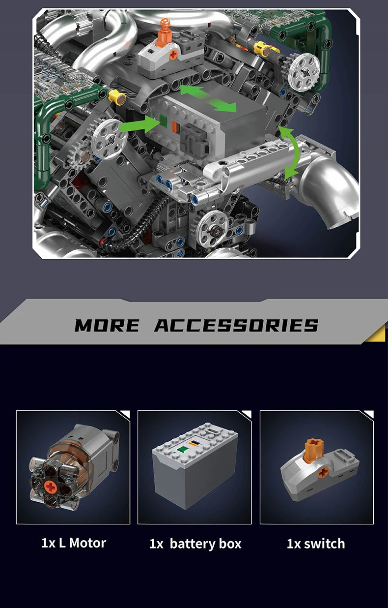 Mould King 10182 Technical Car Engine Toys The Motorized V8 Tank Engine Building Block Assembly Engine Brick Kids Christmas Gift