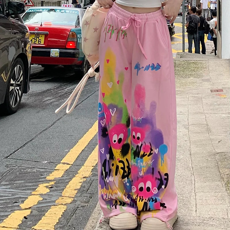 Kawaii Cute Dopamine Graffiti Casual Pants Women Tie Dye Summer Elastic High Waiste Drawstring Pockets Loose Wide Leg Trousers