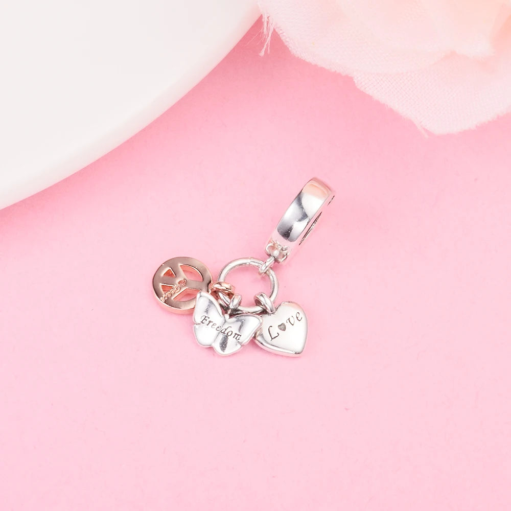 Rainbow Heart Butterfly & Peace Triple Beads for Jewelry Making Collier Sterling Silver Pendant S925 Bracelets Valentine's Day