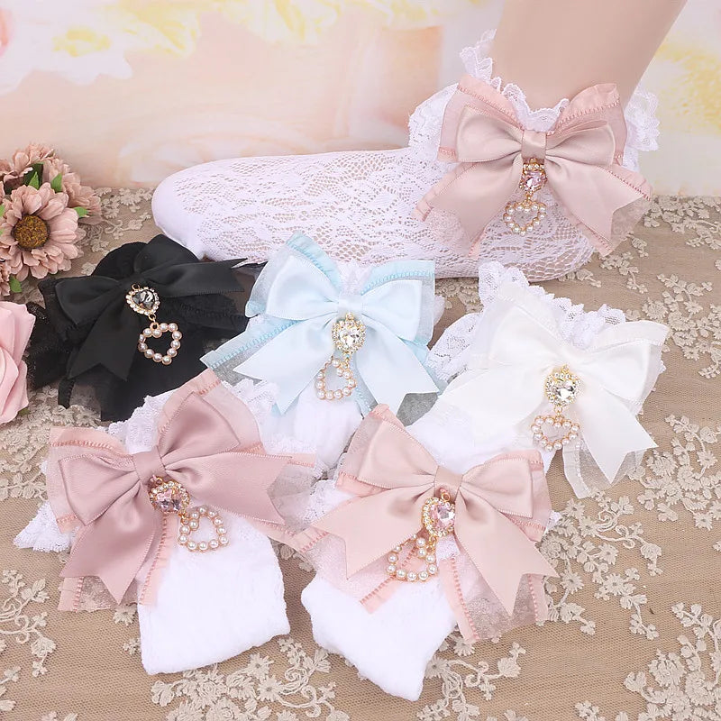 Big Bow Elastic Lace Socks Japanese Jiraikei Style Sweet Cute Lolita Socks Bow with Love Pendant for Girl Women