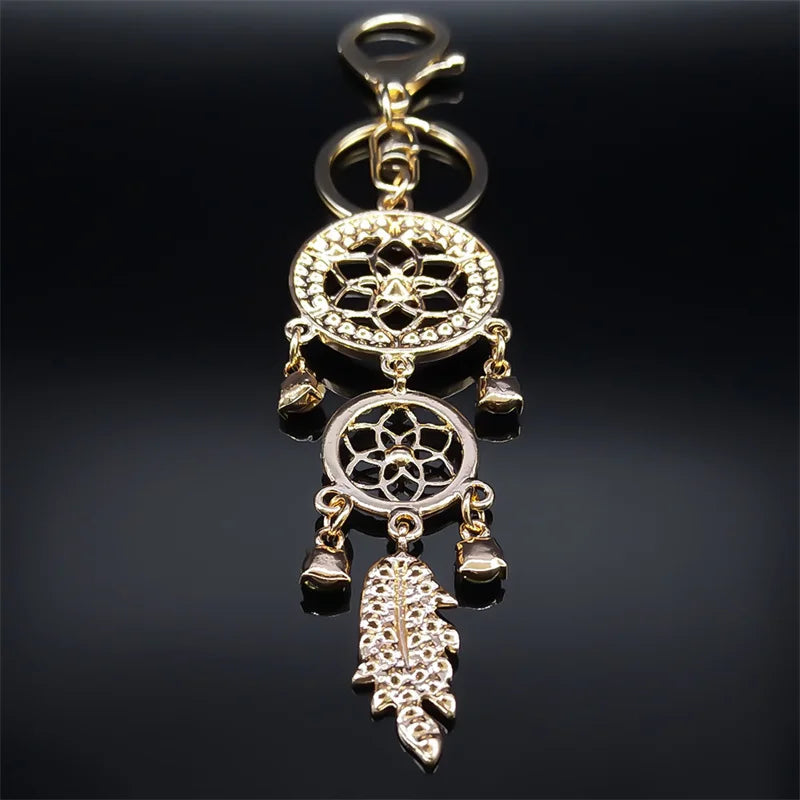 Aesthetic Dream Catcher Key Chain for Women Men Rhinestone Metal Gold Color Y2K Girl Dreamcatcher Keyring Jewelry K9017S02