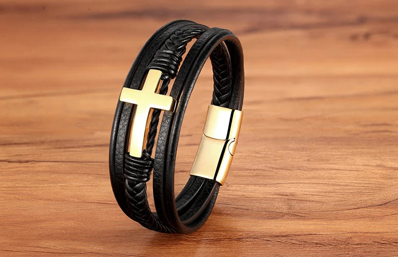 Men's Cross Bracelets Luxury Design Stainless Steel Bangles Classic Leather Bracelet Men Accessories Wrist Band Male Gift
