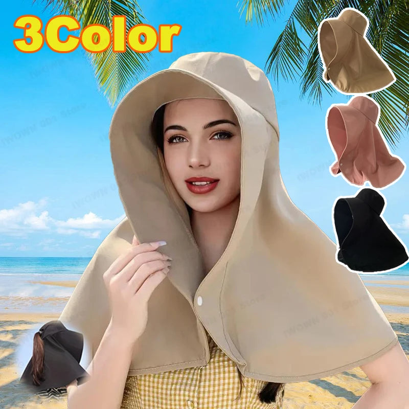 Summer Women Cap Outdoor Uv Anti Neck Protection Sun Visors Hat Fishing Hiking Big Brim Shawl Sunscreen Ponytail Cap Solid Color