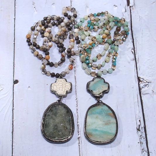 Summer New Bohemian Style Women's Jewelry 6mm Natural Stone Glass Knot Necklace Cross Elliptical Stone Pendant Necklace Sweater