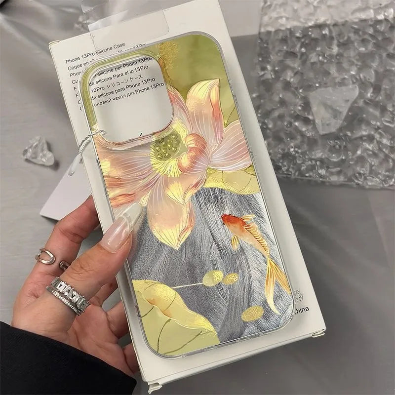Colorful Golden Lotus Koi Phone Case For iPhone 17 Air 14 13 12 11 17 16 15 Pro Max 7 8 Plus SE2 Fashionable Shockproof Cover