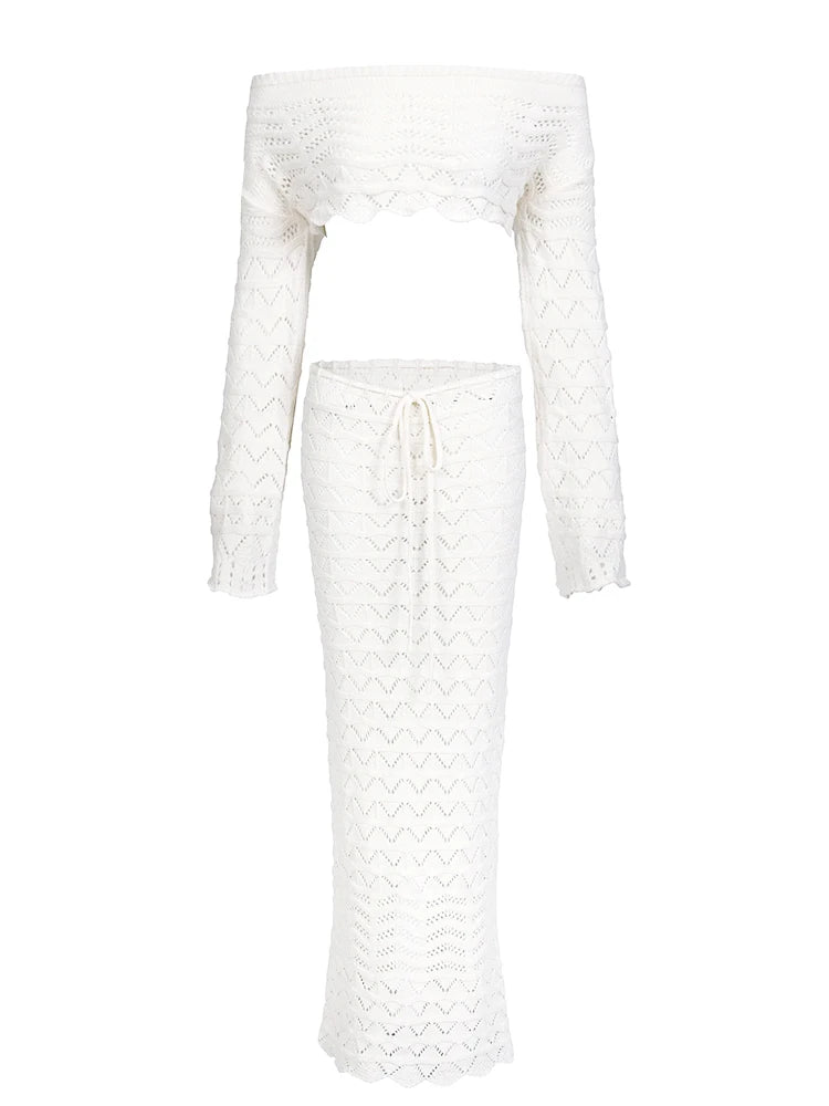 Sexy Knit One-neck Long Sleeve Short Top Drawstring Half Skirt Beach Two-piece 2025 Women Summer Swimsuit Cover Up Chic Set K172