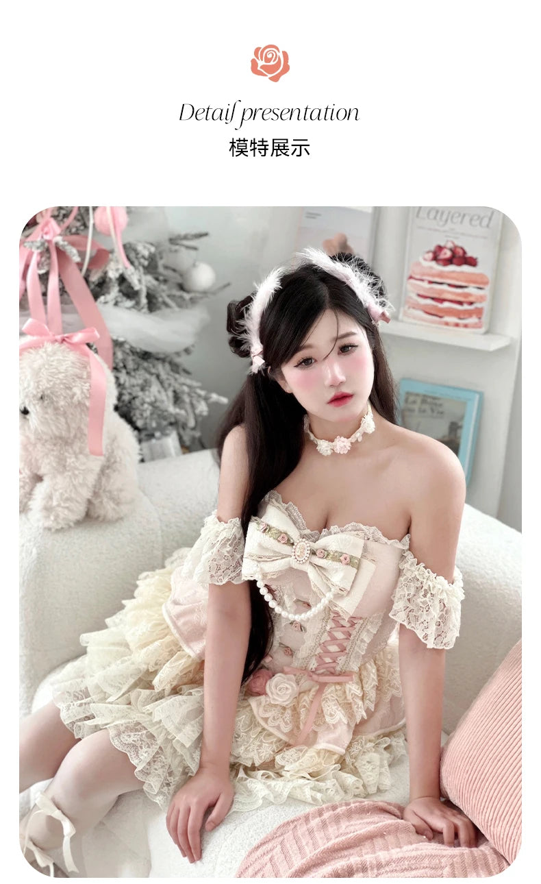 Original Romantic Atmosphere Cute Girls Skirt Sets 2025 Spring and Summer Sweet Lolita Tube Top Slim Top and Skirt 2-piece Set