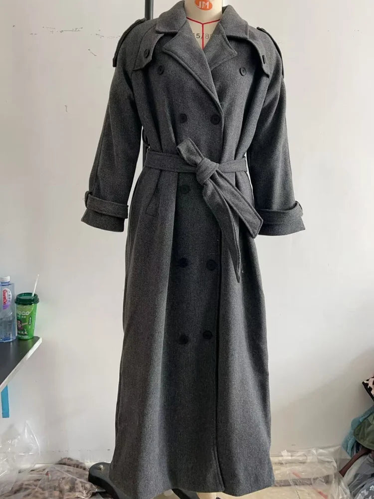 Elegant Woolen Long Coats Women Double-breasted Turn-down Collar Full Sleeves Jackets 2025 Autumn Winter Fashion Outwears Lady