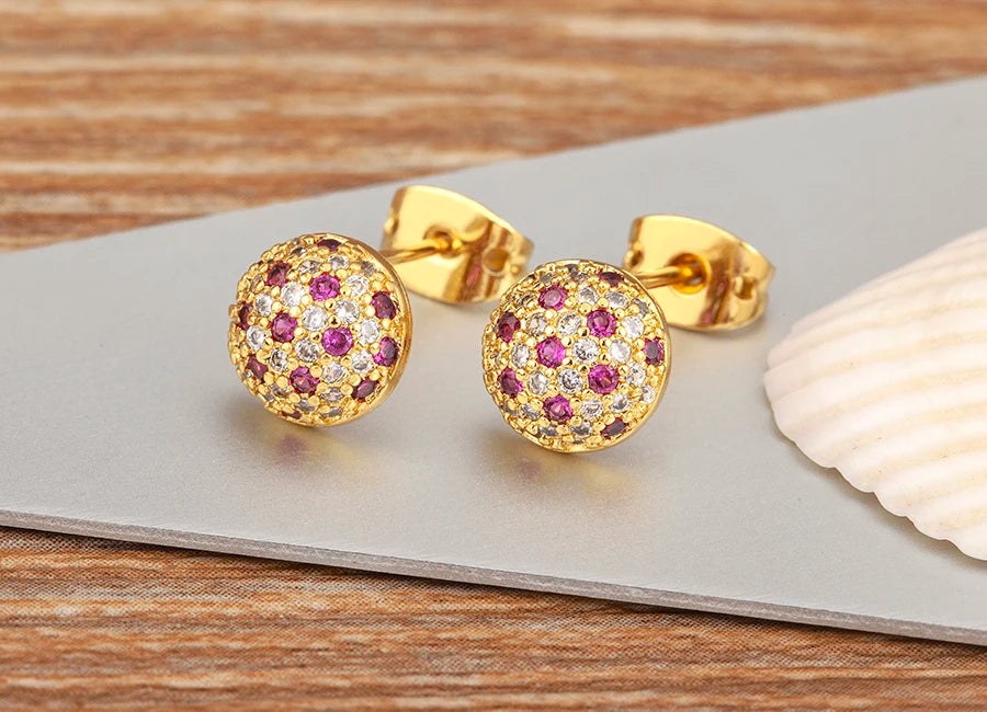 Nidin Korean Fashion Round Shape Pave Colorful Zircon Charm Stud Earrings For Women Birthday Party Ear Jewelry Delicate Gifts
