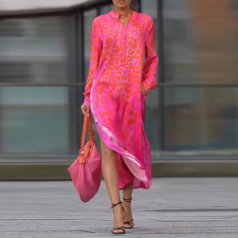 Elegant Leopard Print Long Sleeve Party Dress Woman Spring Summer Casual Button A-Line Dresses Fashion Vacation Split Long Dress