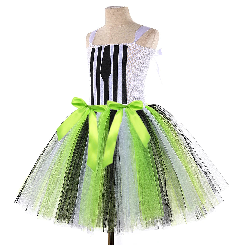 Kids Beetle Juice Costume Girls Black White Striped Tulle Tutu Dress Girls Halloween Carnival Party Princess Dress Up Clothes