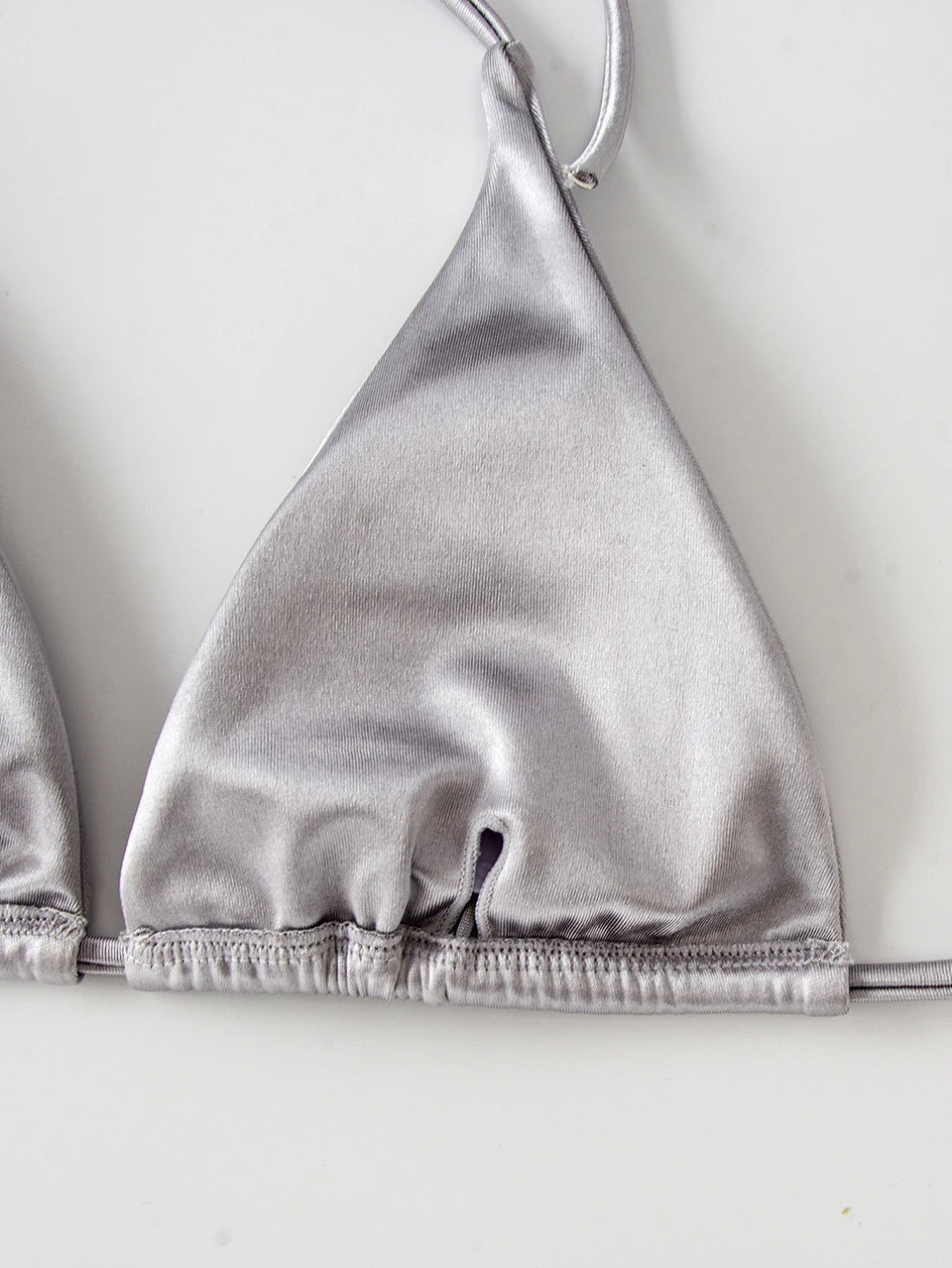 Metallic Halter Triangle Bikini 2023 Swimsuit Women Swimwear Female Bathing Suits Brazilian Thong Micro Bikinis Set Beach Wear