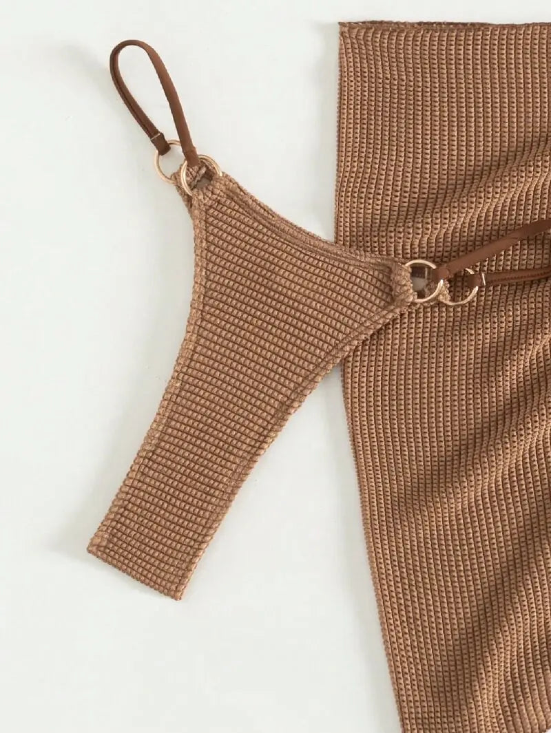 Sexy Brown Bikini Set 2025 Women Halter Push Up Bra Skirt 3 Piece Swimsuit Summer Bathing Suit Cover Up Thong Swimwear Biquini