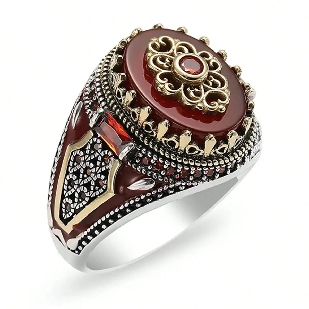 Retro Turkish Handmade Men Crown Rings Vintage Carved Eagle Pattern Red Zircon Stone Rings Rock Punk Muslim Wedding Band Jewelry