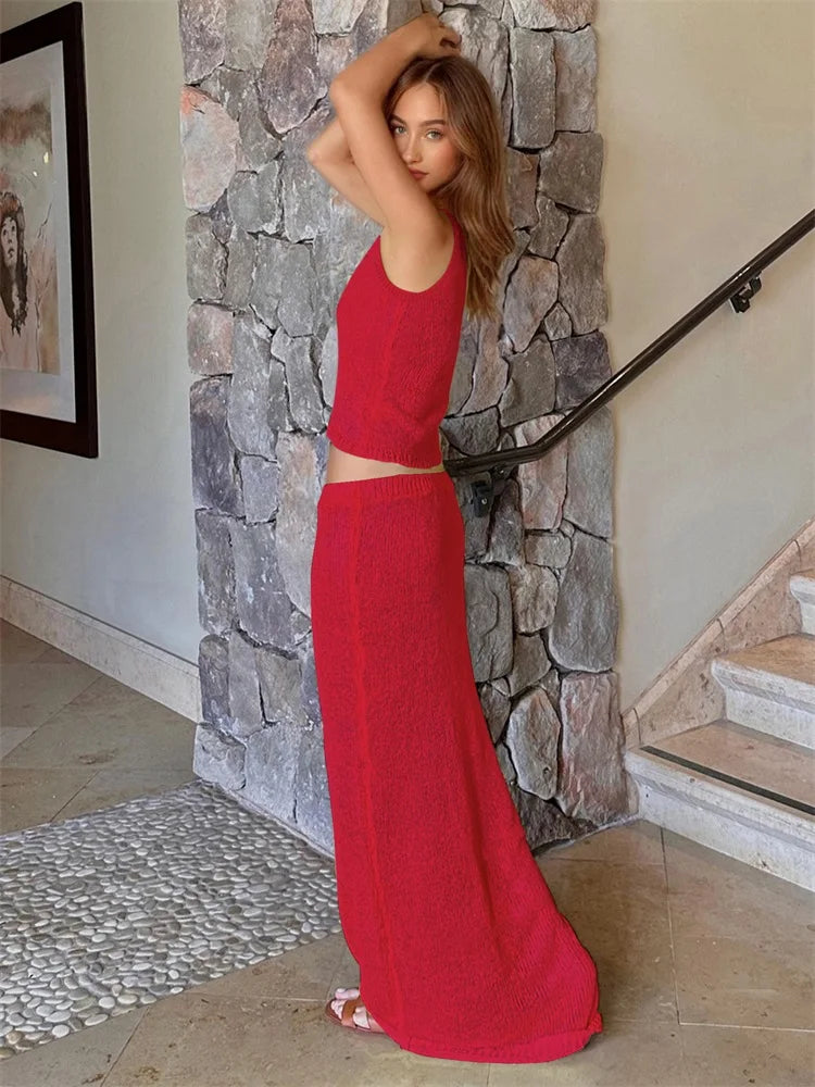 Sexy Transparent Sleeveless Shiny Camisole Tank Top Long Dress Two Piece Set 2025 Fashion Elastic Waist Wrap Hip Knitted Set K68