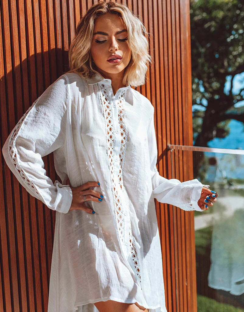 2024 Crochet White Knitted Beach Cover Up Dress Tunic Long Pareos Bikinis Cover Ups Swim Cover Up Robe Plage Beachwear