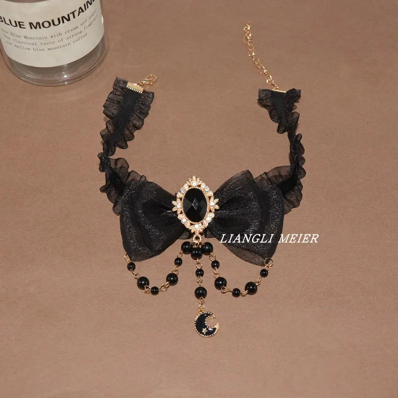 Retro Black Lace Choker Handmade Women's Necklace Black Beaded  Pendant for Cool Lady Trendy Dark Girly Fashion Accessories