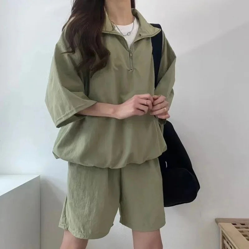 Korean Style Women's Summer Casual Sports Sun Protection Suit Two-Piece Set Workwear Jacket Shorts Polyester Fiber