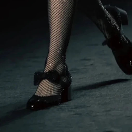 Rhinestone Mesh Upper Bow Mary Janes Shoes Block High Heels Splicing Elastic Slip-on Designer Women's  Elegance Party Footweant