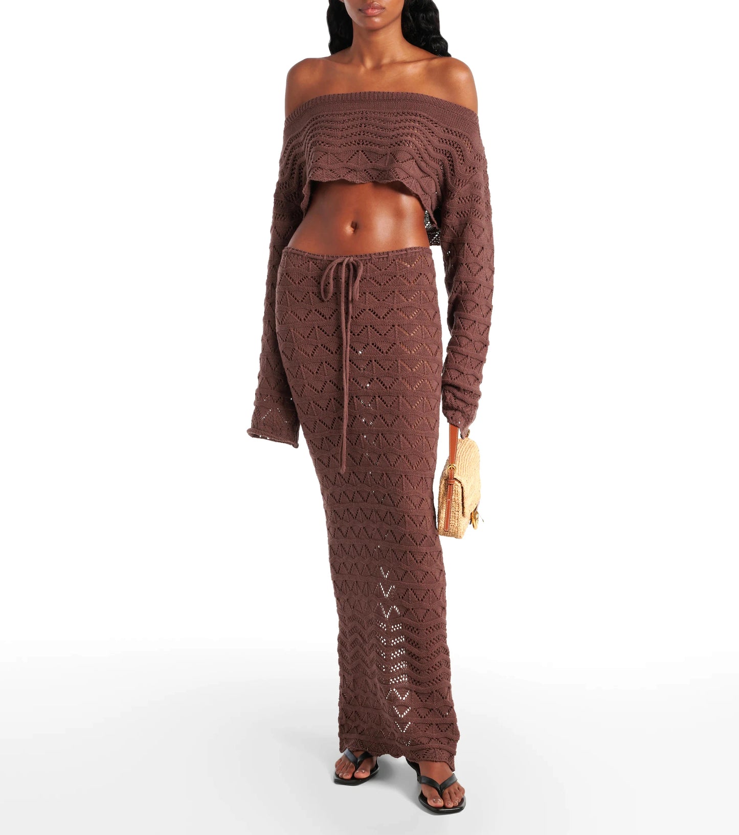 Sexy Knit One-neck Long Sleeve Short Top Drawstring Half Skirt Beach Two-piece 2025 Women Summer Swimsuit Cover Up Chic Set K172